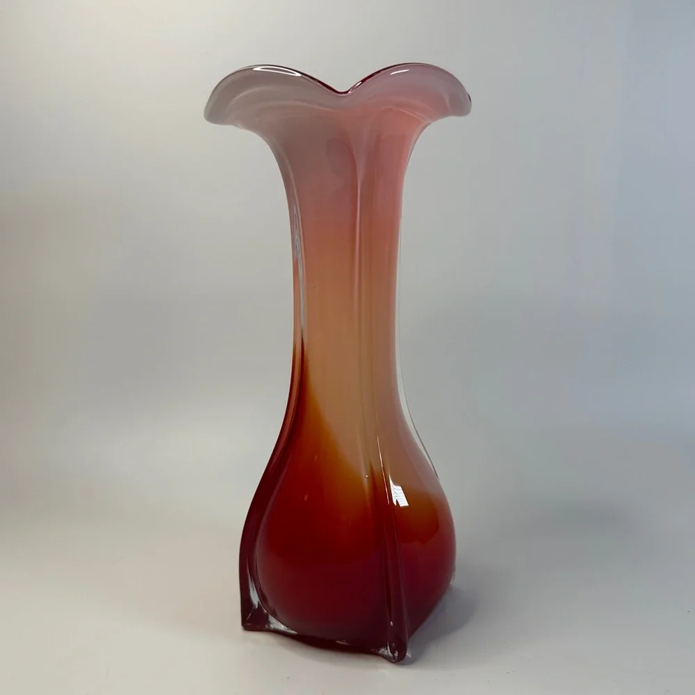 VTG Ruffled Ombre White Orange Red Flower Vase Murano‎ Style Art Deco 8”